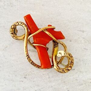 Antique Victorian Coral Branch Brooch In Gold Filled Snake Form Nice 1.5" Size